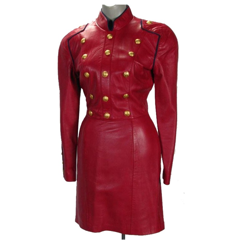 Women Red Leather Long Coat Victorian Style Celebrity Gothic Leather Coat 